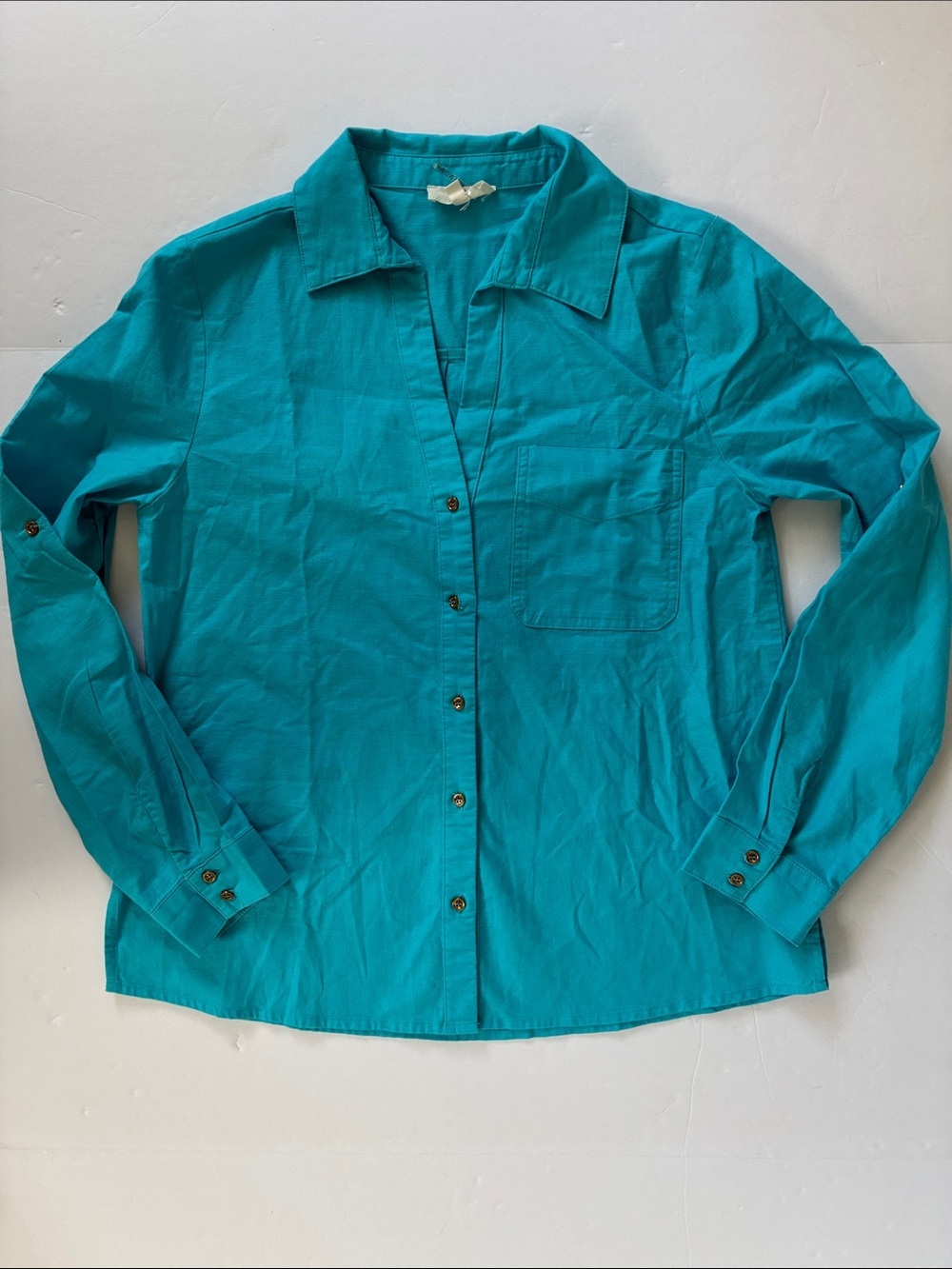 entro Teal/Turquoise Blue Button Front Shirt Top V-Neck Small Cotton Linen Blend
